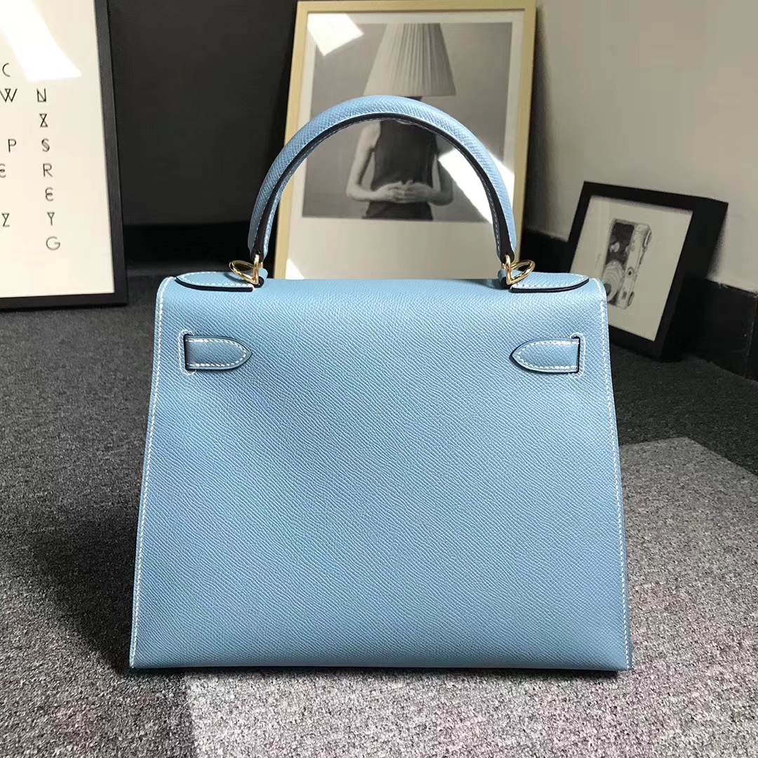 Hermès（爱马仕）牛仔蓝 原厂御用顶级Epsom 皮 Kelly 28 外缝 金扣