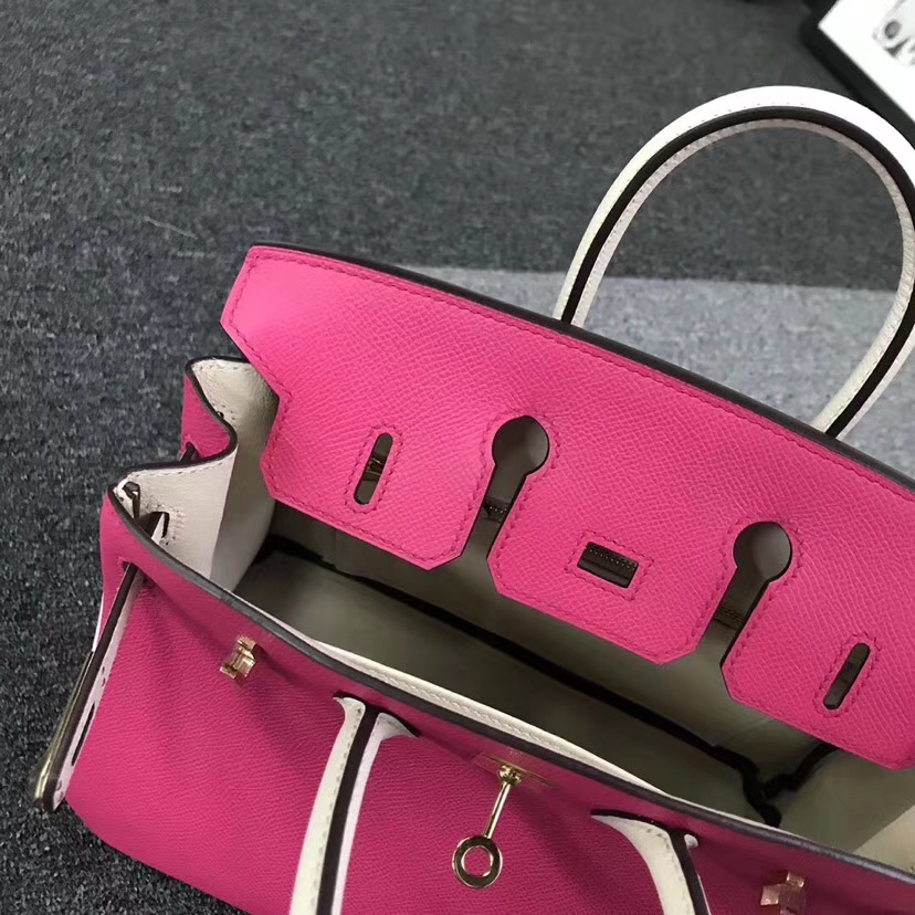 Hermès（爱马仕）E5 糖果粉拼奶昔白 原厂御用顶级Epsom 皮 Birkin 25 金扣 现货