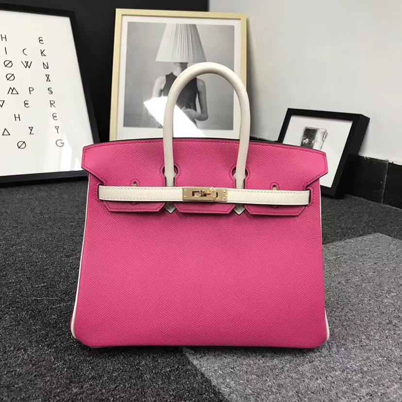 Hermès（爱马仕）E5 糖果粉拼奶昔白 原厂御用顶级Epsom 皮 Birkin 25 金扣 现货