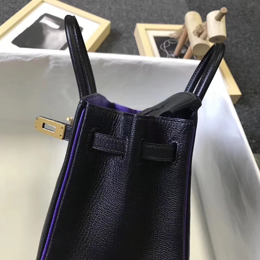Hermès（爱马仕）黑色拼9W梦幻紫 原厂御用顶级山羊皮 Birkin 25 拉丝金扣