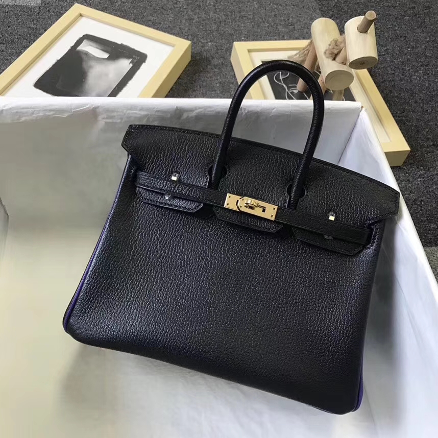 Hermès（爱马仕）黑色拼9W梦幻紫 原厂御用顶级山羊皮 Birkin 25 拉丝金扣