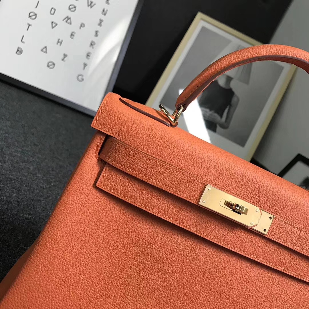 Hermès（爱马仕）93经典橙色 原厂御用顶级小牛皮 Kelly 28 金扣