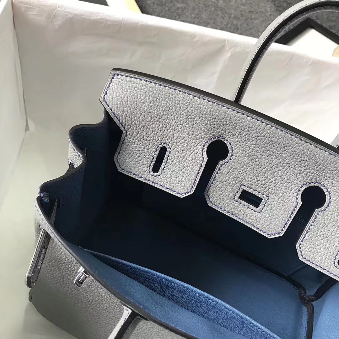 Hermès（爱马仕）4Z海鸥灰内拼玛瑙蓝 原厂御用顶级小牛皮 Birkin 25 银扣