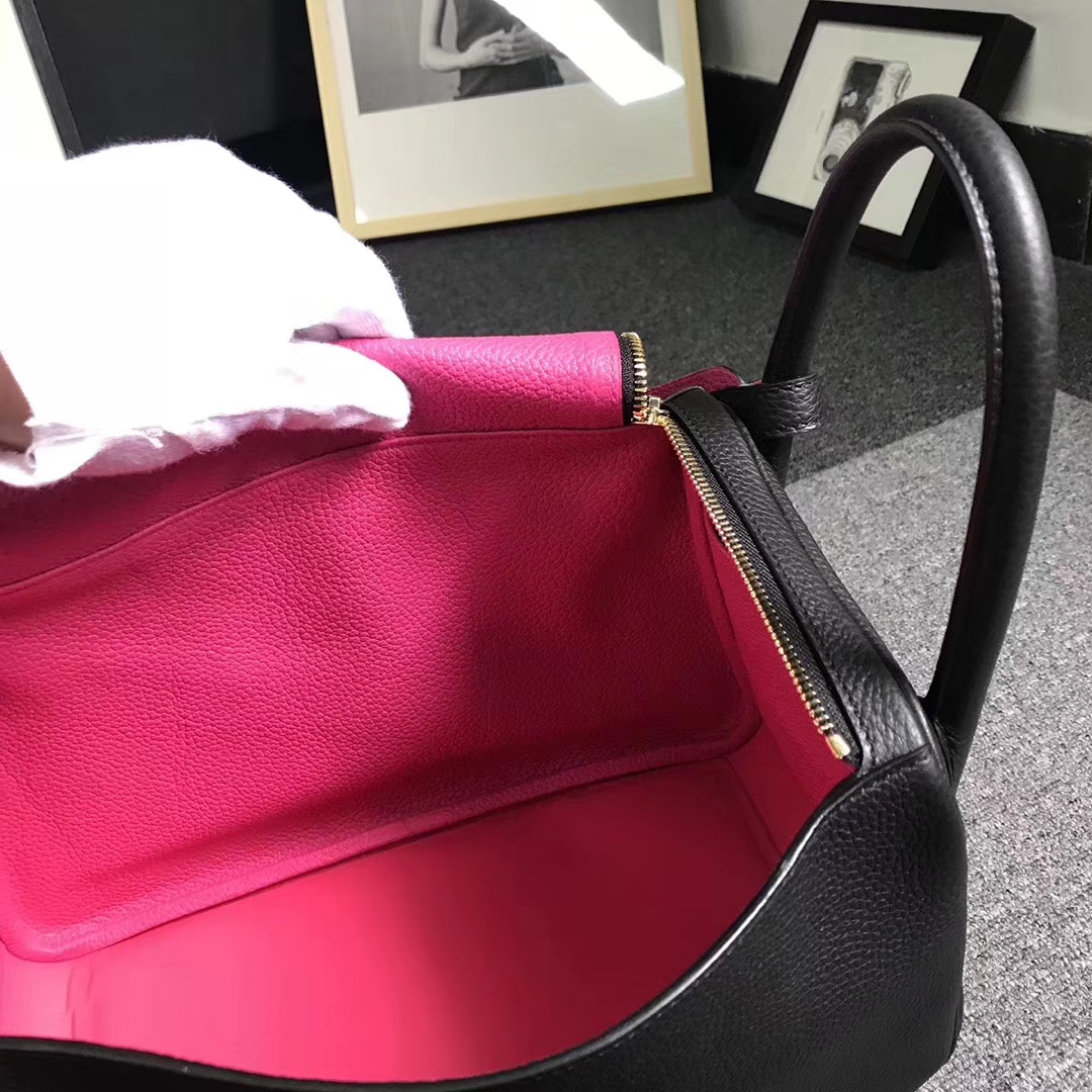 Hermès（爱马仕）黑色拼糖果粉 原厂御用顶级TC 皮 Lindy 30 金扣