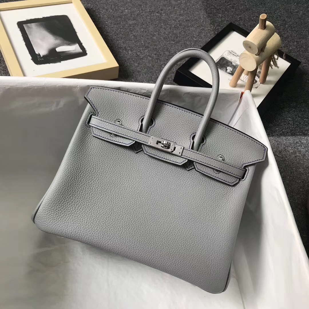 Hermès（爱马仕）4Z海鸥灰内拼玛瑙蓝 原厂御用顶级小牛皮 Birkin 25 银扣