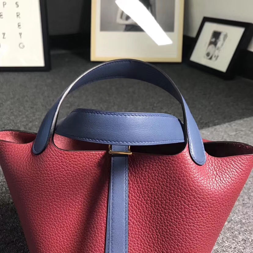 Hermès（爱马仕）石榴红拼玛瑙蓝 原厂御用顶级TC 皮 Picotin  Lock 18cm 金扣