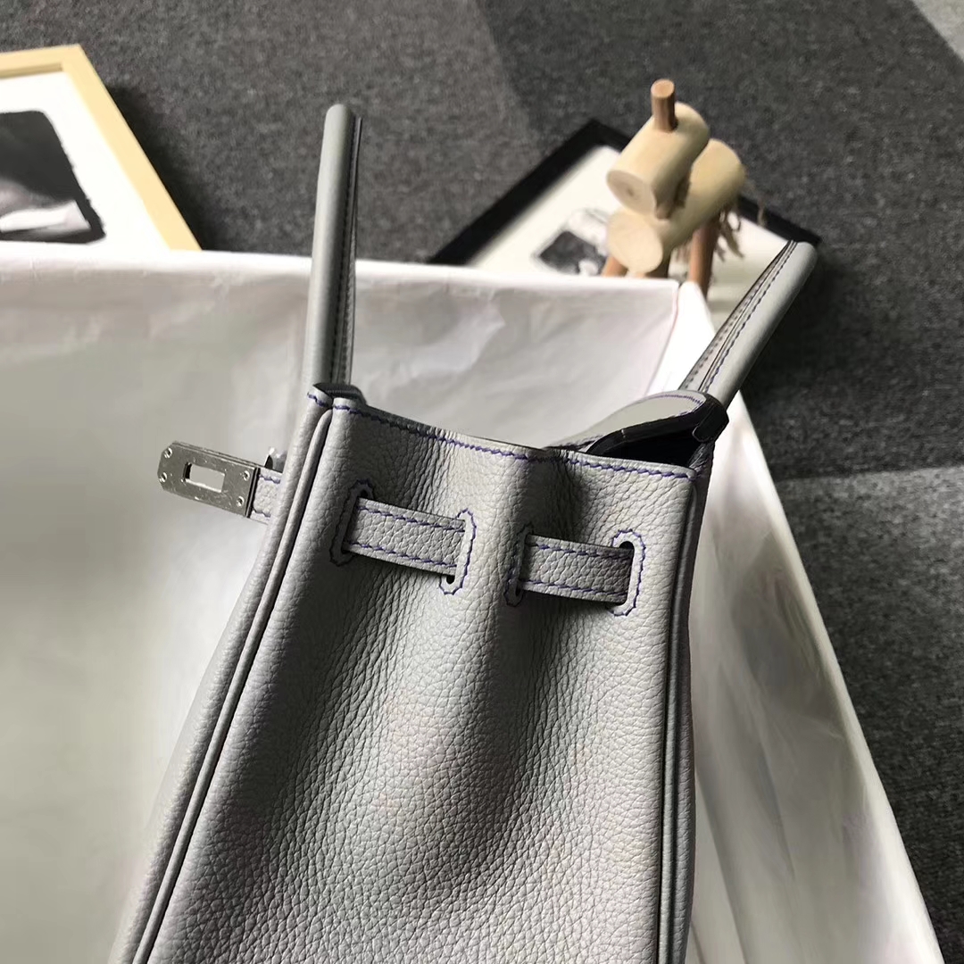 Hermès（爱马仕）4Z海鸥灰内拼玛瑙蓝 原厂御用顶级小牛皮 Birkin 25 银扣