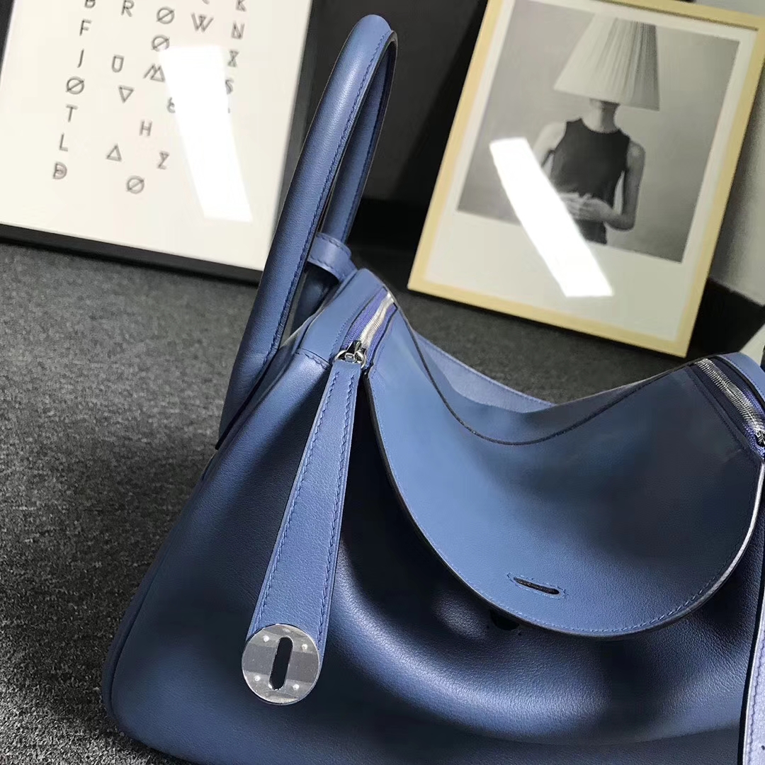 Hermès（爱马仕）玛瑙蓝 原厂御用顶级Swift 皮 编织肩带 Lindy 30 银扣