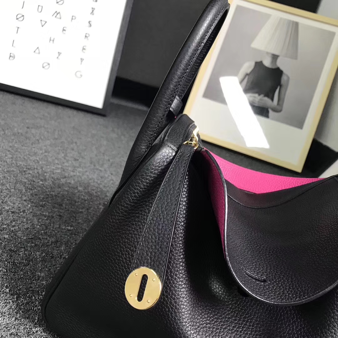 Hermès（爱马仕）黑色拼糖果粉 原厂御用顶级TC 皮 Lindy 30 金扣