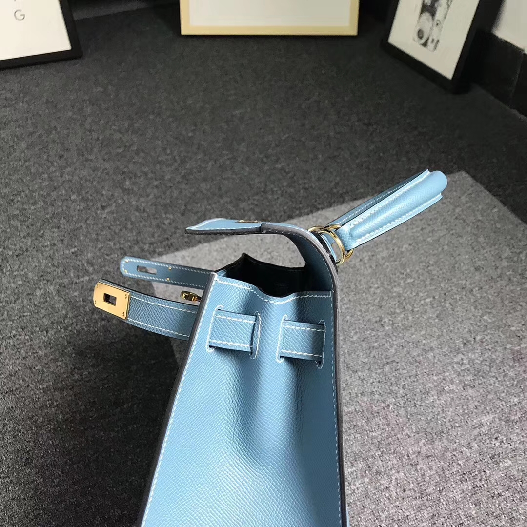Hermès（爱马仕）牛仔蓝 原厂御用顶级Epsom 皮 Kelly 28 外缝 金扣