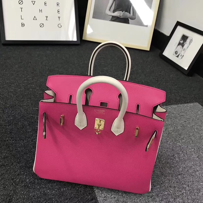 Hermès（爱马仕）E5 糖果粉拼奶昔白 原厂御用顶级Epsom 皮 Birkin 25 金扣 现货