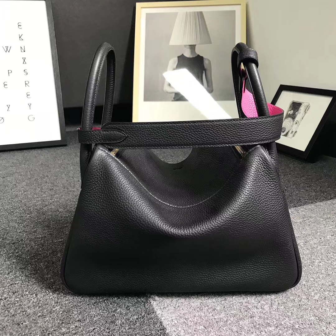 Hermès（爱马仕）黑色拼糖果粉 原厂御用顶级TC 皮 Lindy 30 金扣