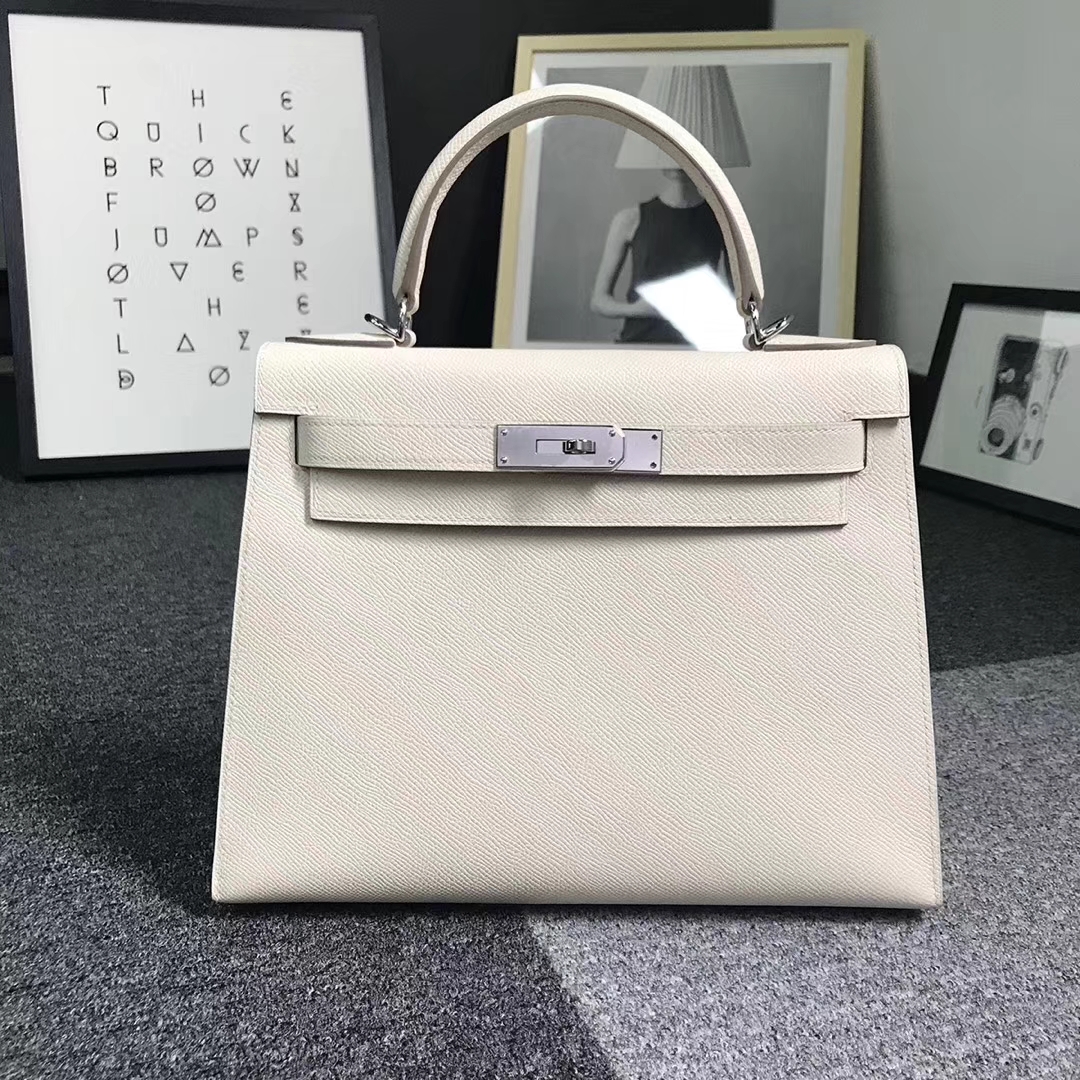 Hermès（爱马仕）奶昔白 原厂御用顶级Epsom 皮 Kelly 28 外缝 银扣