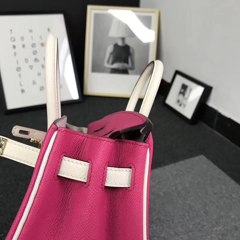 Hermès（爱马仕）E5 糖果粉拼奶昔白 原厂御用顶级Epsom 皮 Birkin 25 金扣 现货