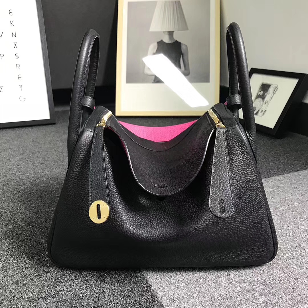 Hermès（爱马仕）黑色拼糖果粉 原厂御用顶级TC 皮 Lindy 30 金扣