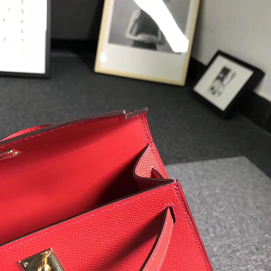 Hermès（爱马仕）Q5中国红 糖果红 原厂御用顶级Epsom 皮 Mini Kelly 二代 金扣 现货