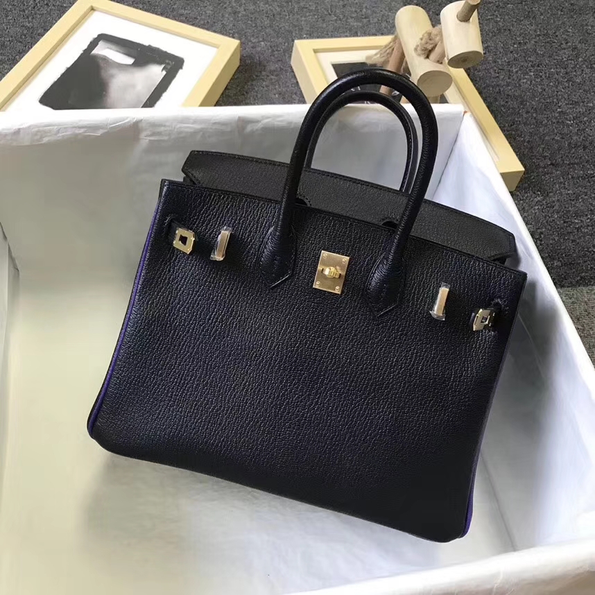 Hermès（爱马仕）黑色拼9W梦幻紫 原厂御用顶级山羊皮 Birkin 25 拉丝金扣