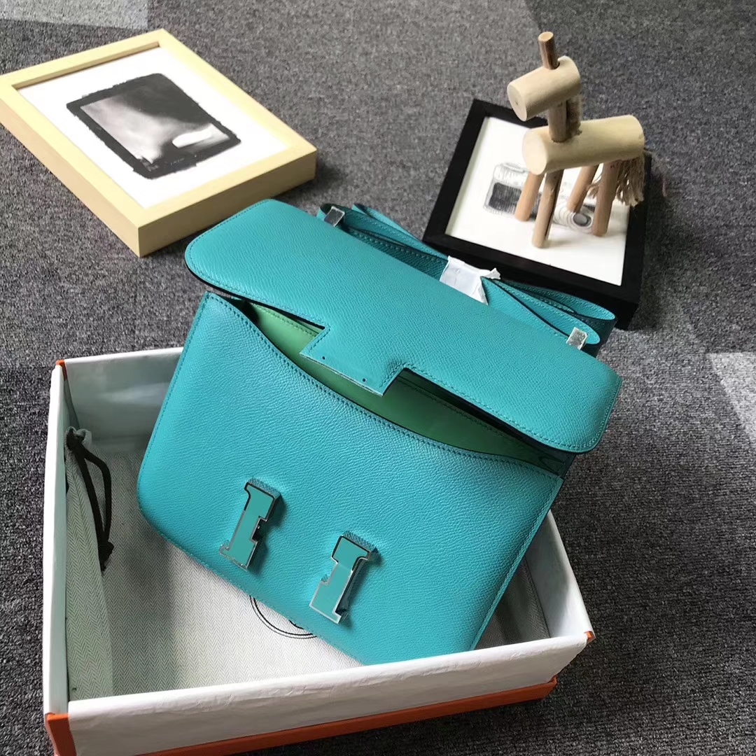 Hermès（爱马仕）7F孔雀蓝内拼薄荷绿 原厂御用顶级Epsom 皮 Constance 24 孔雀蓝珐琅扣