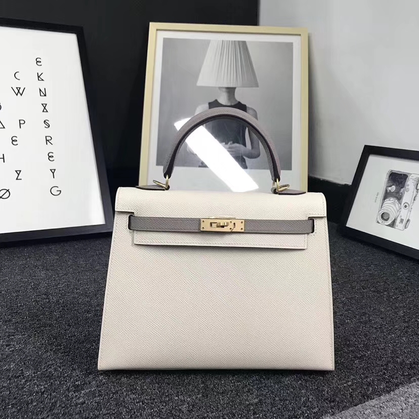 Hermès（爱马仕）奶昔白拼沥青灰 原厂御用顶级Epsom 皮 Kelly 25 外缝 拉丝金扣