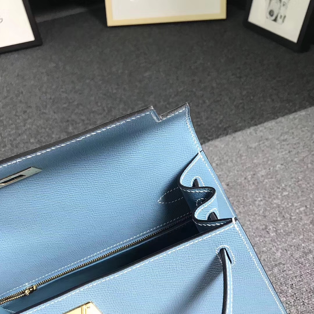 Hermès（爱马仕）牛仔蓝 原厂御用顶级Epsom 皮 Kelly 28 外缝 金扣