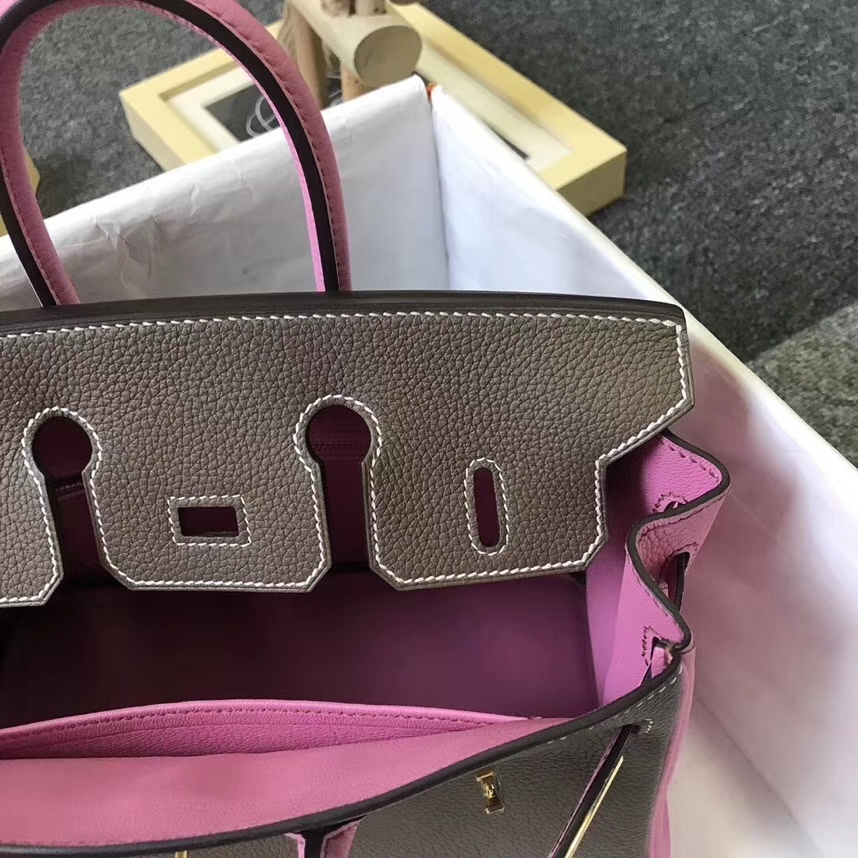 Hermès（爱马仕）大象灰拼5P樱花粉 原厂御用顶级小牛皮  Birkin 25 金扣