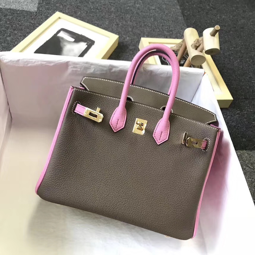 Hermès（爱马仕）大象灰拼5P樱花粉 原厂御用顶级小牛皮  Birkin 25 金扣