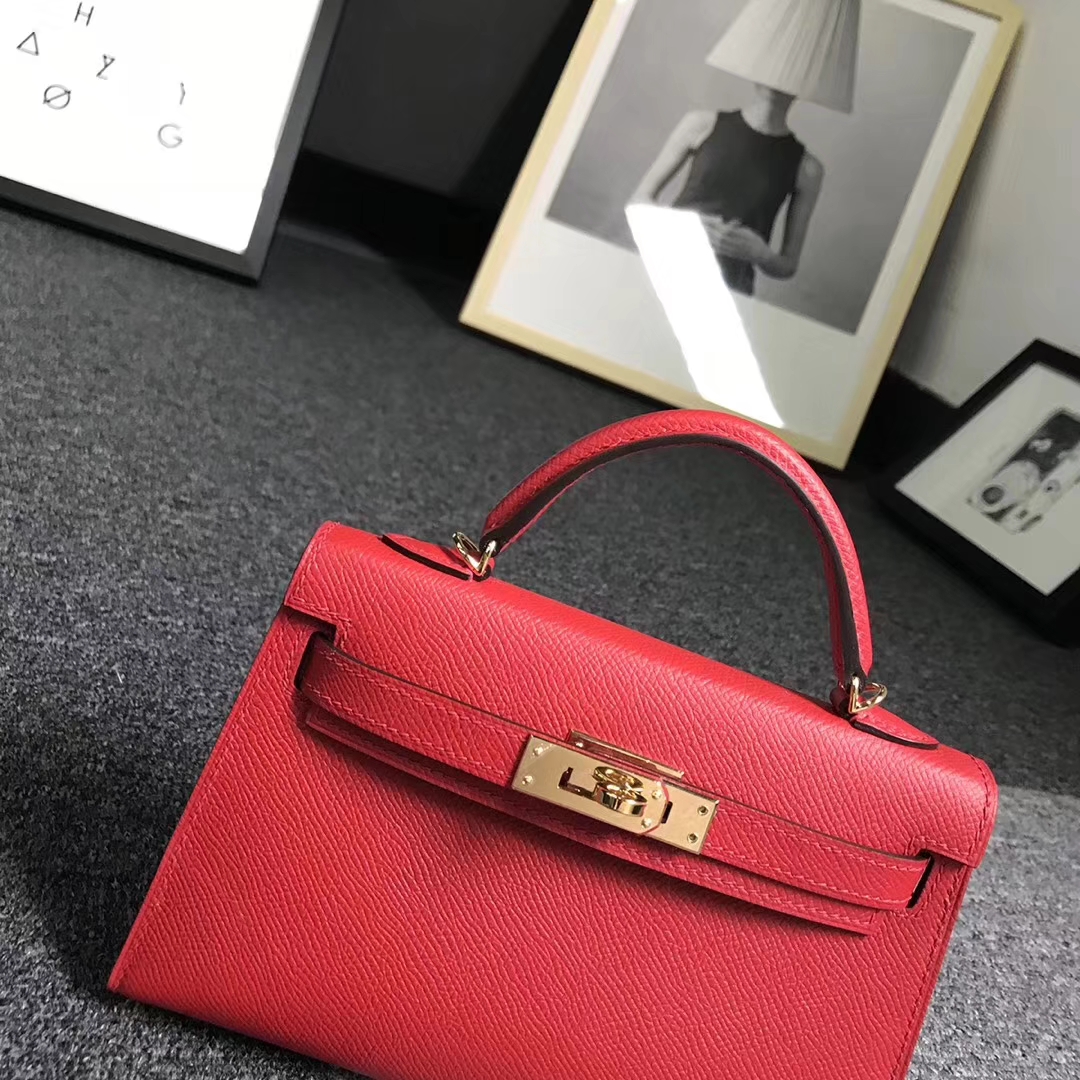 Hermès（爱马仕）Q5中国红 糖果红 原厂御用顶级Epsom 皮 Mini Kelly 二代 金扣 现货