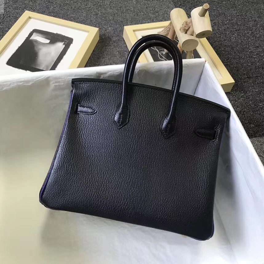 Hermès（爱马仕）黑色拼9W梦幻紫 原厂御用顶级山羊皮 Birkin 25 拉丝金扣