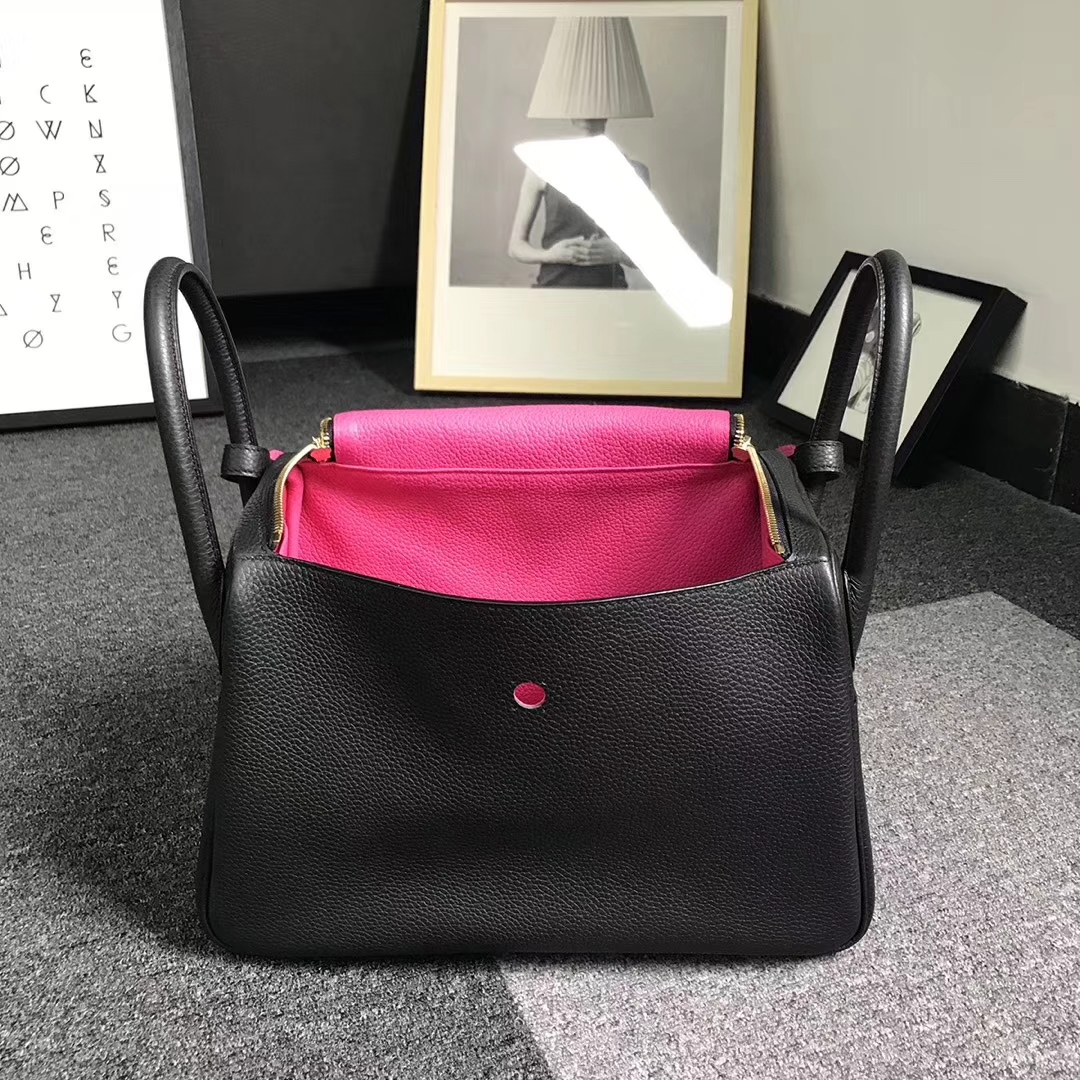Hermès（爱马仕）黑色拼糖果粉 原厂御用顶级TC 皮 Lindy 30 金扣