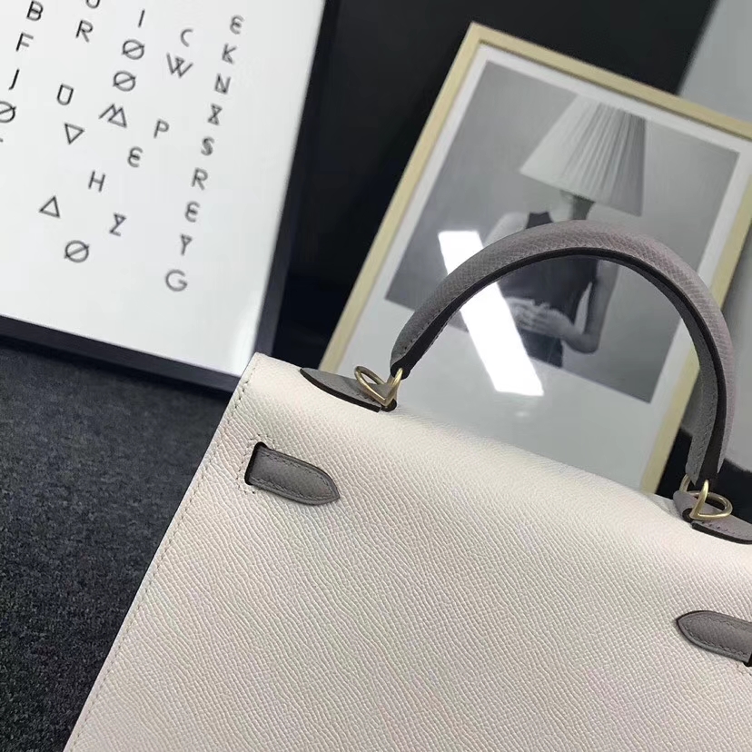 Hermès（爱马仕）奶昔白拼沥青灰 原厂御用顶级Epsom 皮 Kelly 25 外缝 拉丝金扣