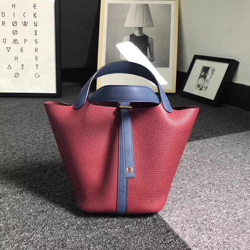 Hermès（爱马仕）石榴红拼玛瑙蓝 原厂御用顶级TC 皮 Picotin  Lock 18cm 金扣