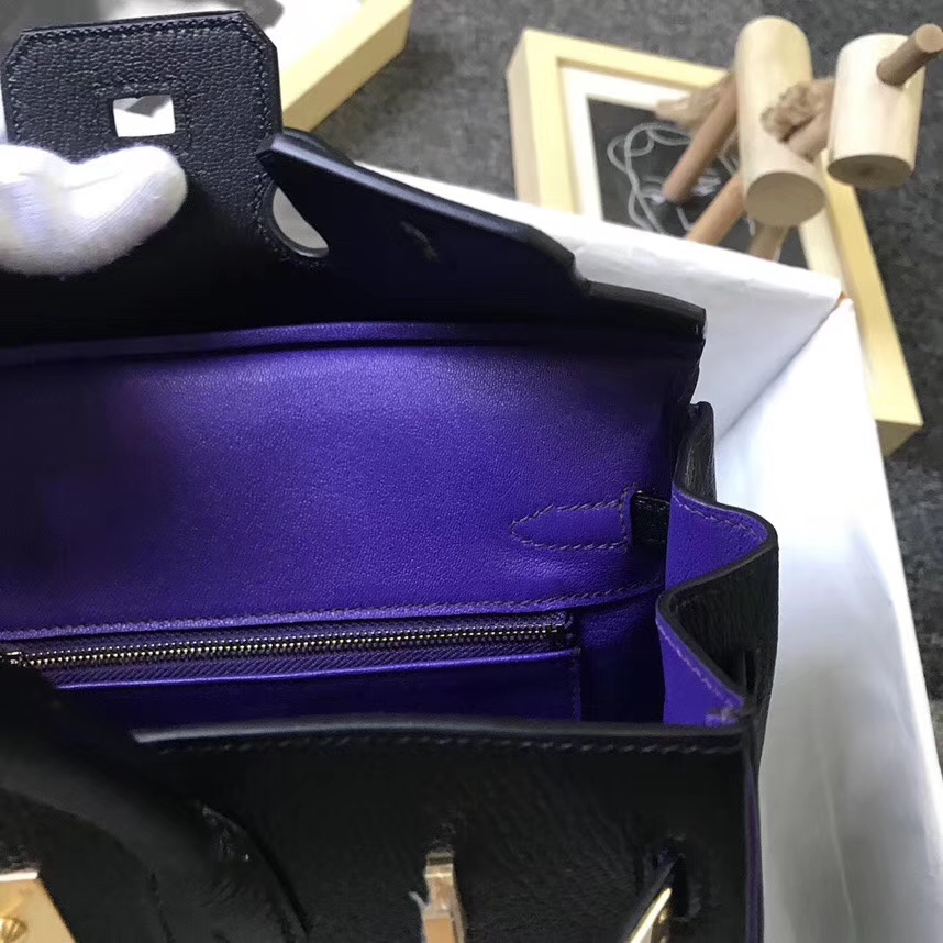 Hermès（爱马仕）黑色拼9W梦幻紫 原厂御用顶级山羊皮 Birkin 25 拉丝金扣