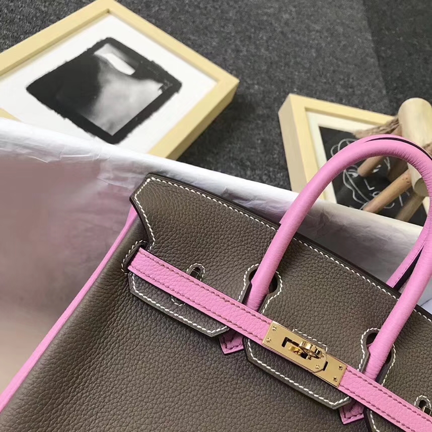 Hermès（爱马仕）大象灰拼5P樱花粉 原厂御用顶级小牛皮  Birkin 25 金扣