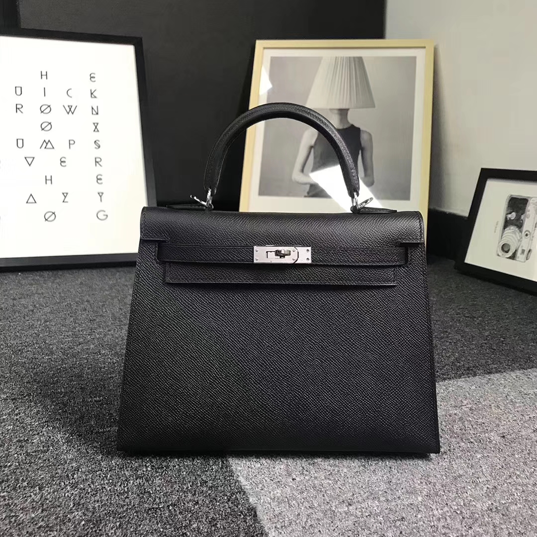 Hermès（爱马仕）黑色 原厂御用顶级Epsom 皮 Kelly 25 外缝 金扣 银扣  现货