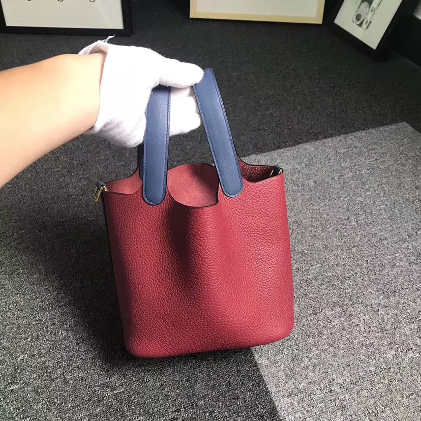 Hermès（爱马仕）石榴红拼玛瑙蓝 原厂御用顶级TC 皮 Picotin  Lock 18cm 金扣
