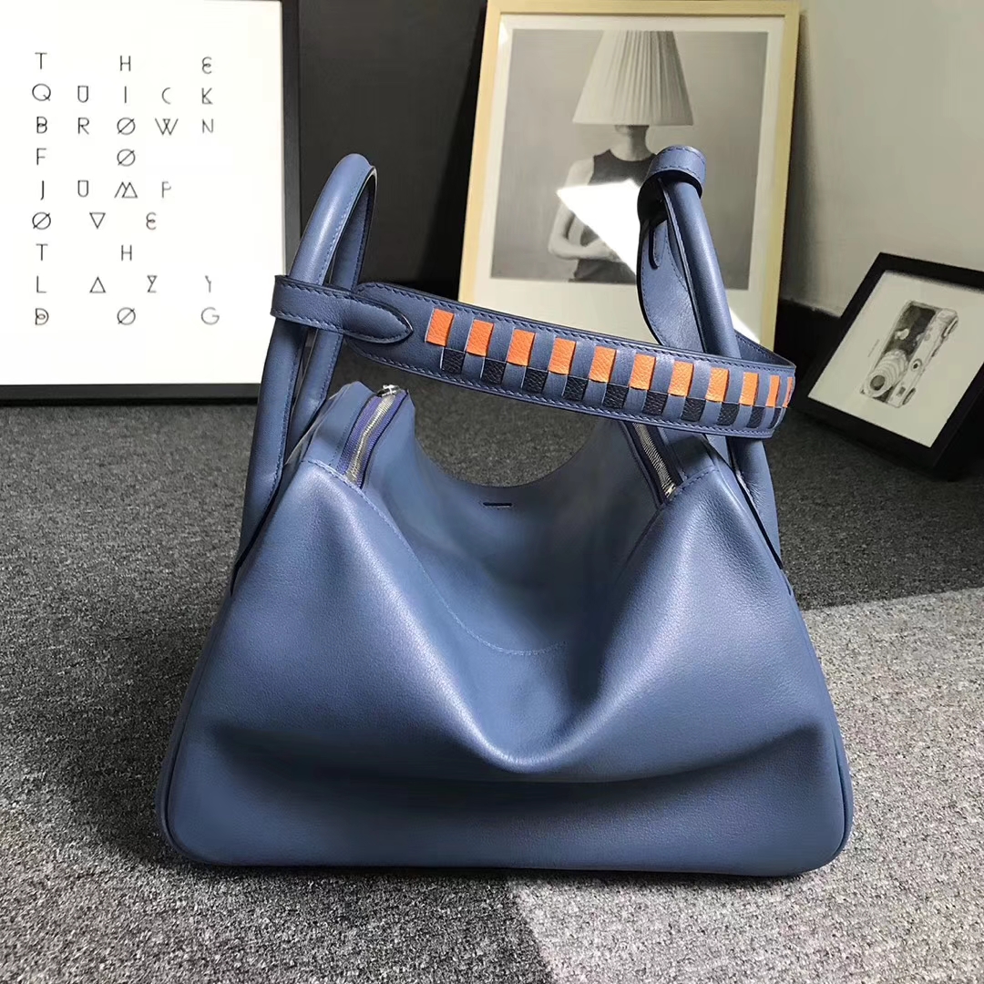 Hermès（爱马仕）玛瑙蓝 原厂御用顶级Swift 皮 编织肩带 Lindy 30 银扣