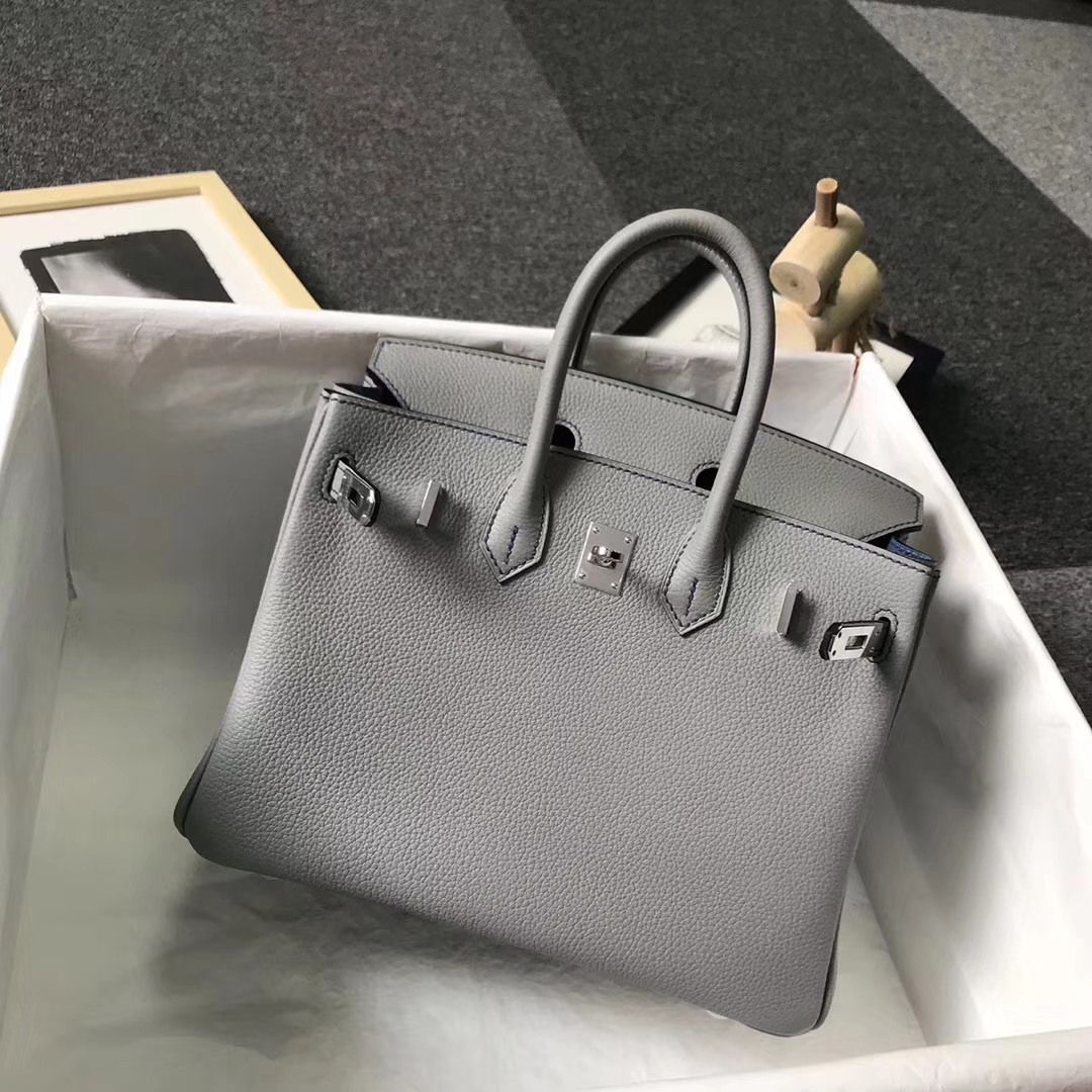 Hermès（爱马仕）4Z海鸥灰内拼玛瑙蓝 原厂御用顶级小牛皮 Birkin 25 银扣