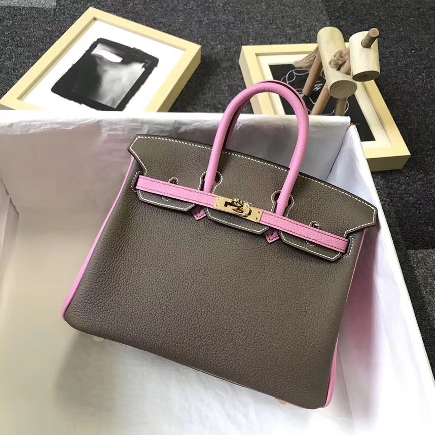 Hermès（爱马仕）大象灰拼5P樱花粉 原厂御用顶级小牛皮  Birkin 25 金扣