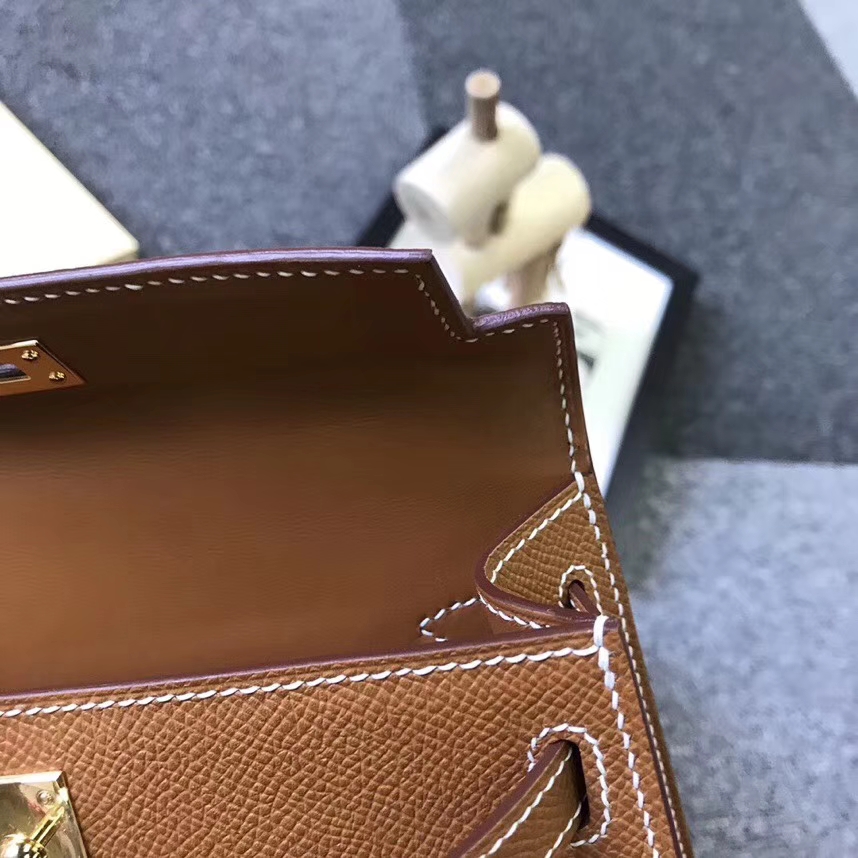 Hermès（爱马仕）金棕色 原厂御用顶级Epsom 皮 Mini Kelly 二代 金扣 现货