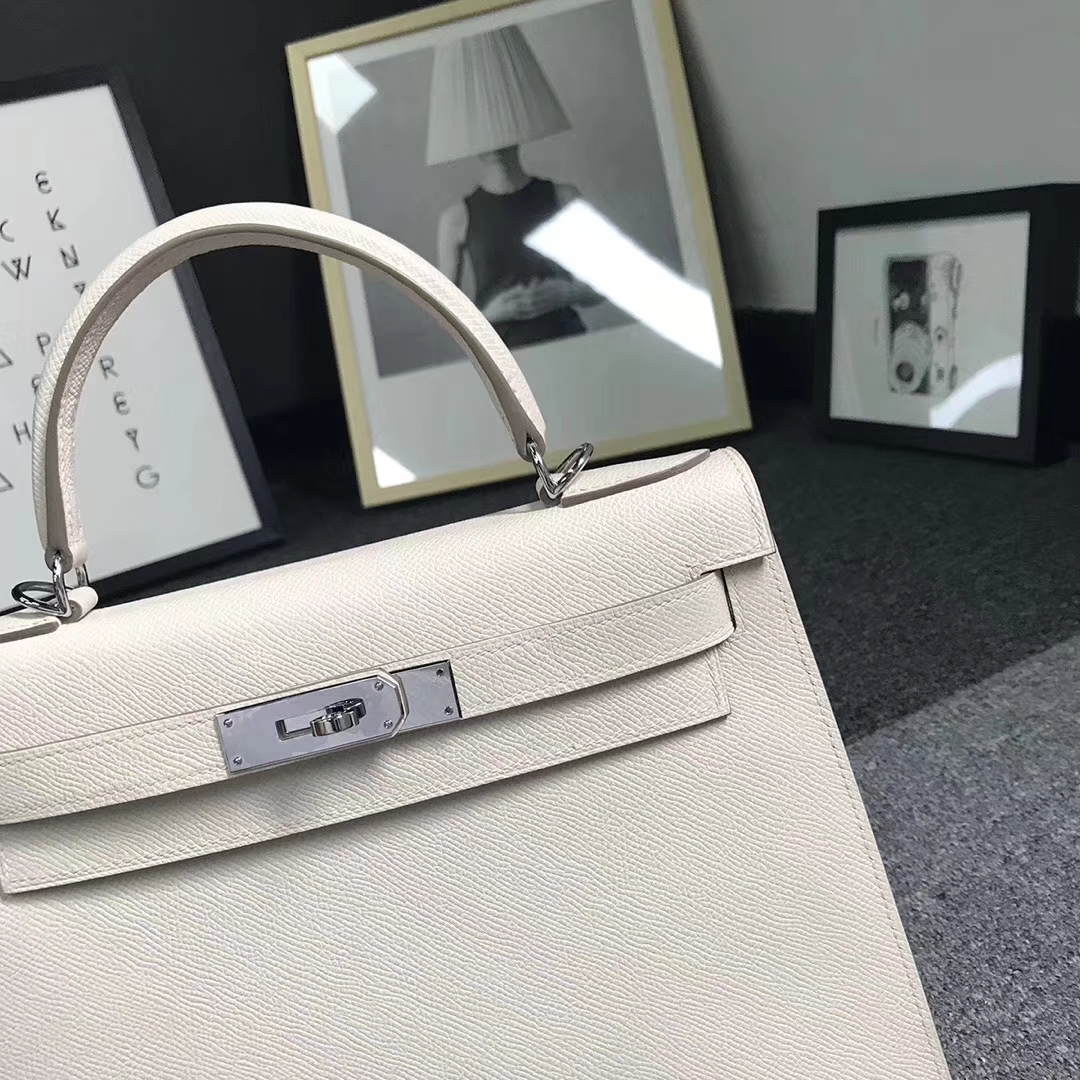 Hermès（爱马仕）奶昔白 原厂御用顶级Epsom 皮 Kelly 28 外缝 银扣