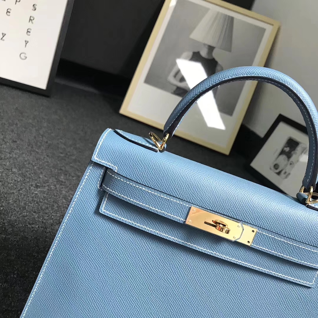 Hermès（爱马仕）牛仔蓝 原厂御用顶级Epsom 皮 Kelly 28 外缝 金扣