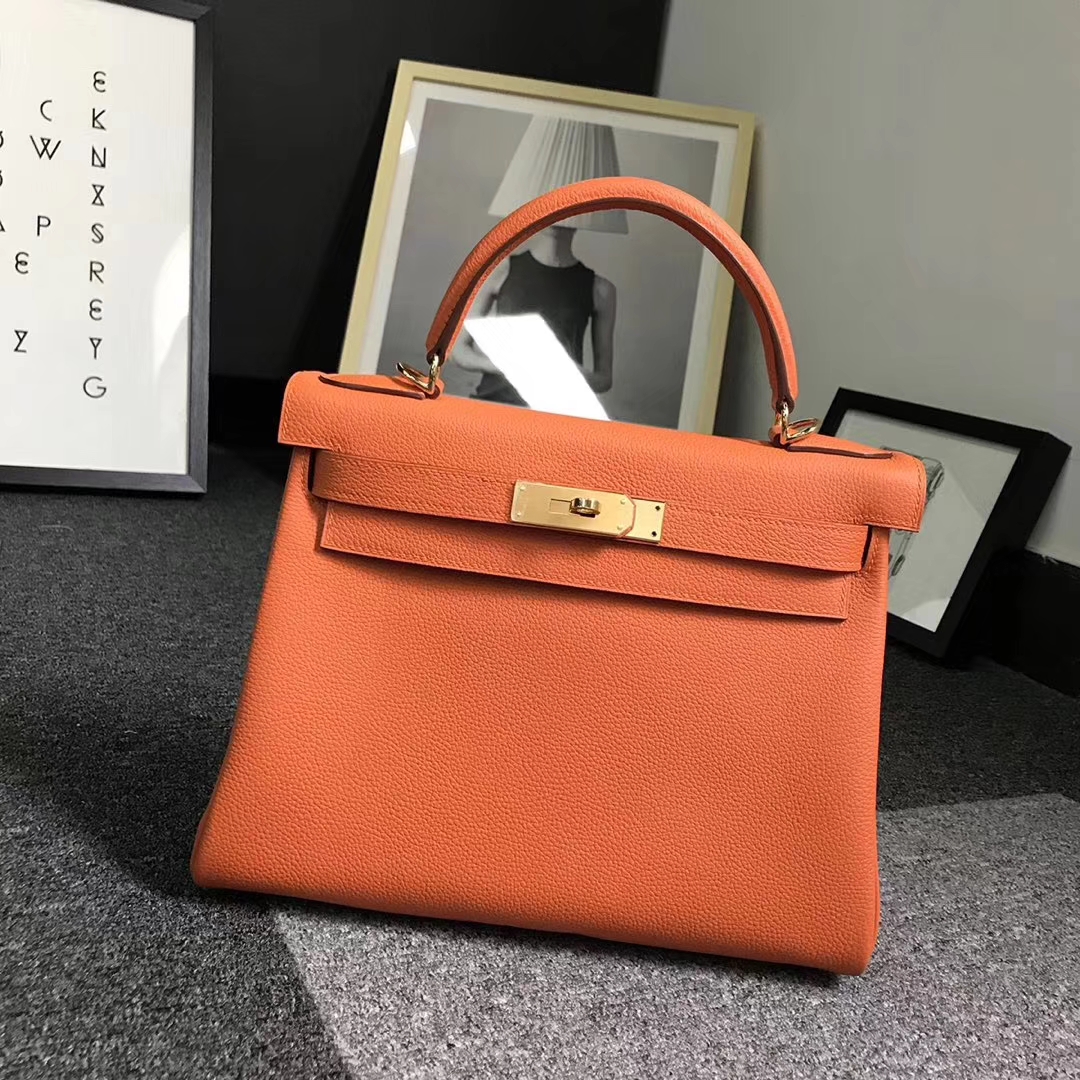 Hermès（爱马仕）93经典橙色 原厂御用顶级小牛皮 Kelly 28 金扣