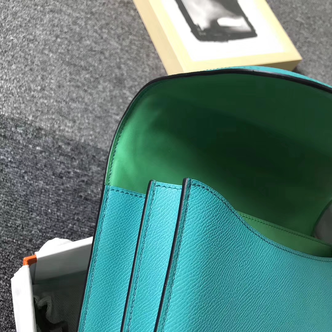 Hermès（爱马仕）7F孔雀蓝内拼薄荷绿 原厂御用顶级Epsom 皮 Constance 24 孔雀蓝珐琅扣