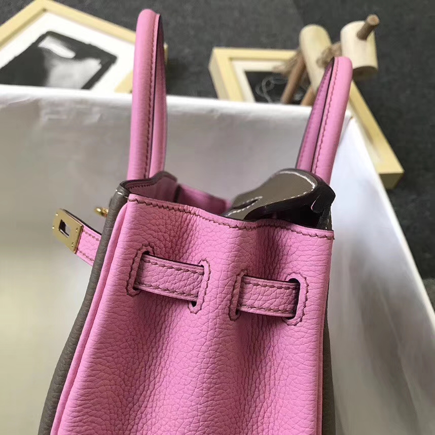 Hermès（爱马仕）大象灰拼5P樱花粉 原厂御用顶级小牛皮  Birkin 25 金扣