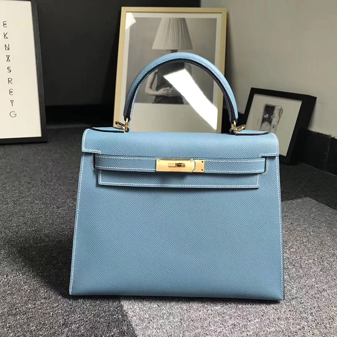 Hermès（爱马仕）牛仔蓝 原厂御用顶级Epsom 皮 Kelly 28 外缝 金扣
