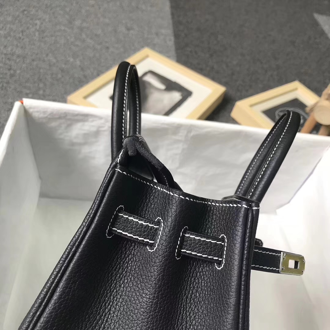 Hermès（爱马仕）黑色 走白色线 原厂御用顶级小牛皮 Birkin 25 银扣