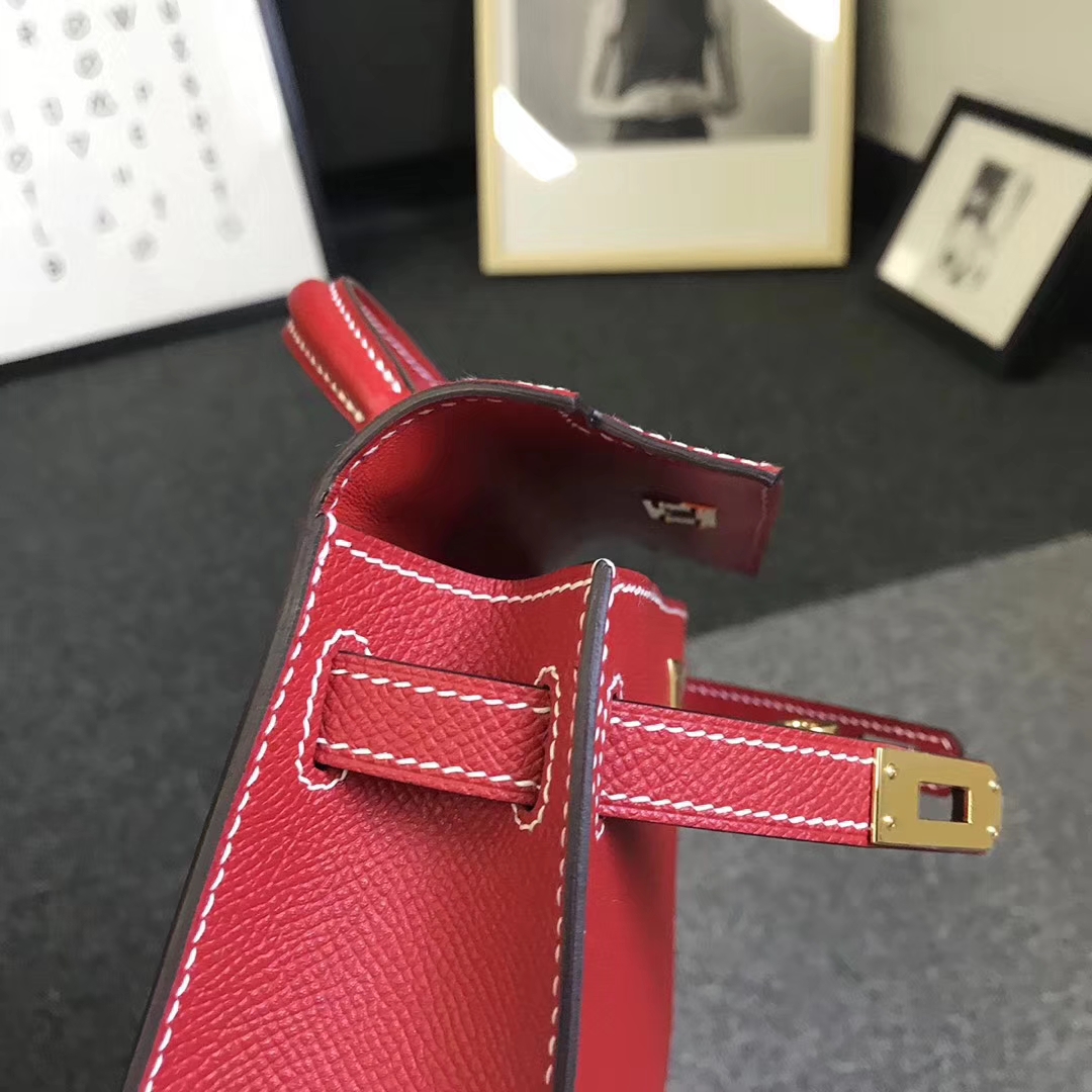 Hermès（爱马仕）Q5 中国红 白色线 原厂御用顶级Epsom 皮 Mini Kelly 二代 金扣 现货