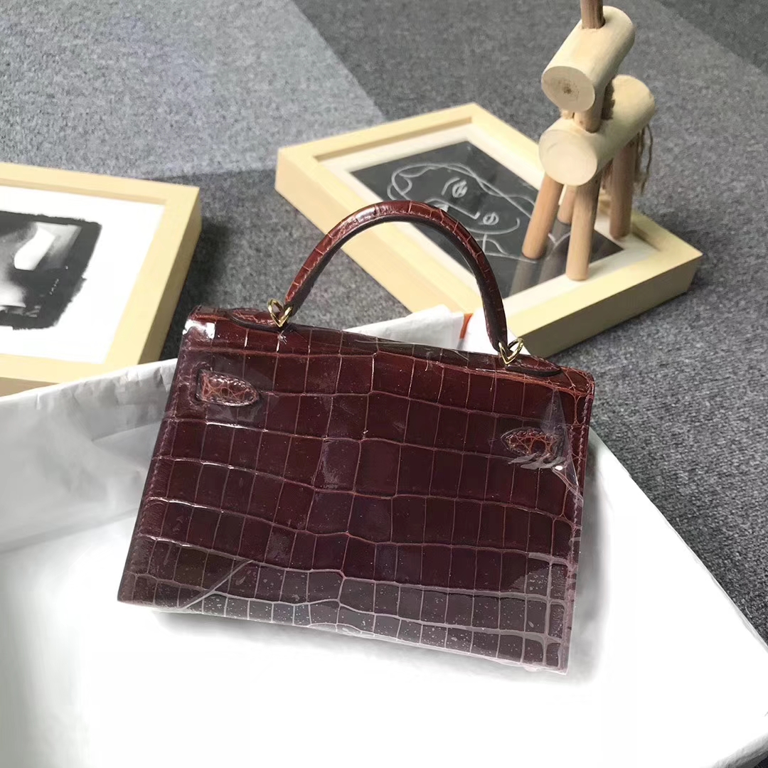 Hermès（爱马仕）棕红色 亮面鳄鱼皮 Mini Kelly 二代 金扣