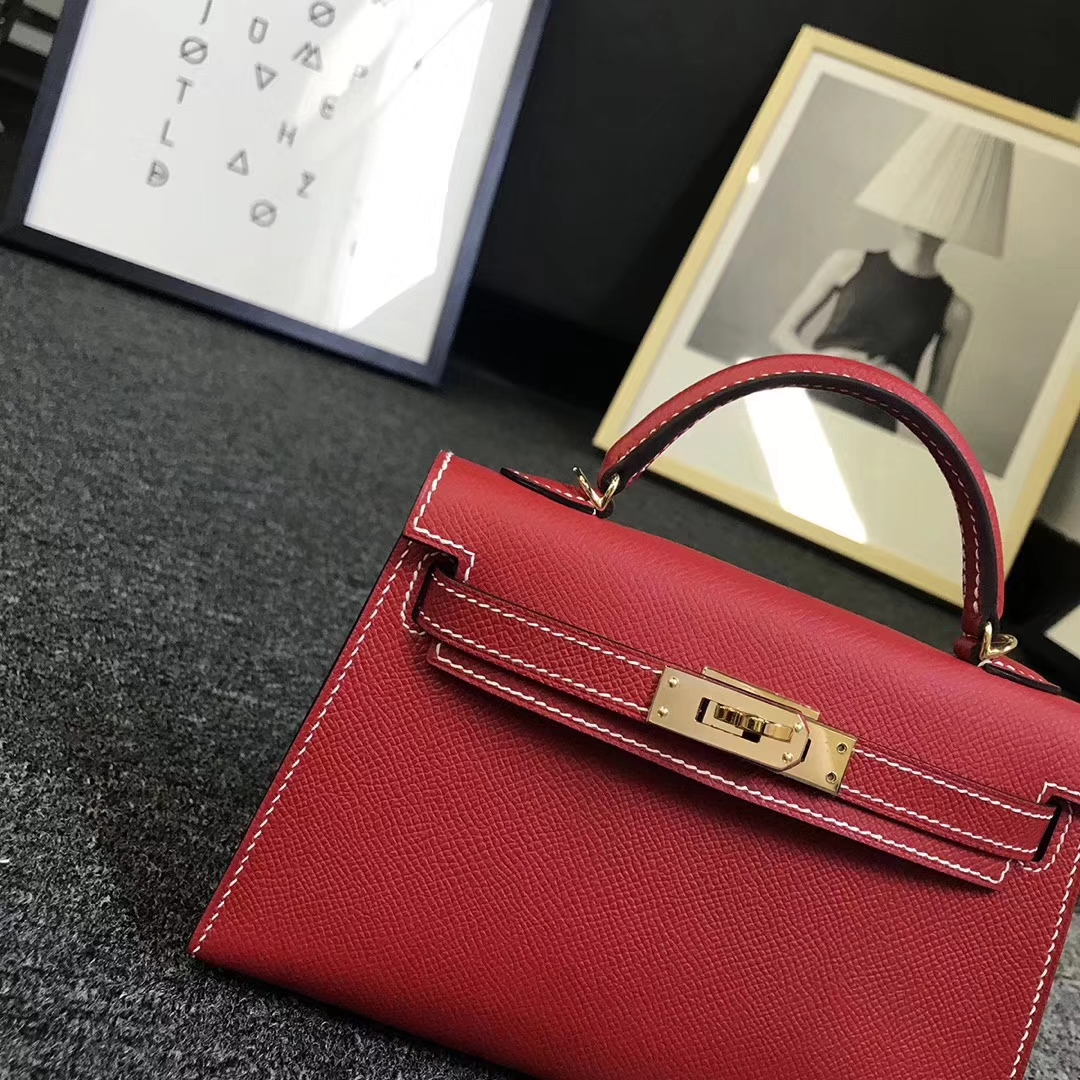 Hermès（爱马仕）Q5 中国红 白色线 原厂御用顶级Epsom 皮 Mini Kelly 二代 金扣 现货