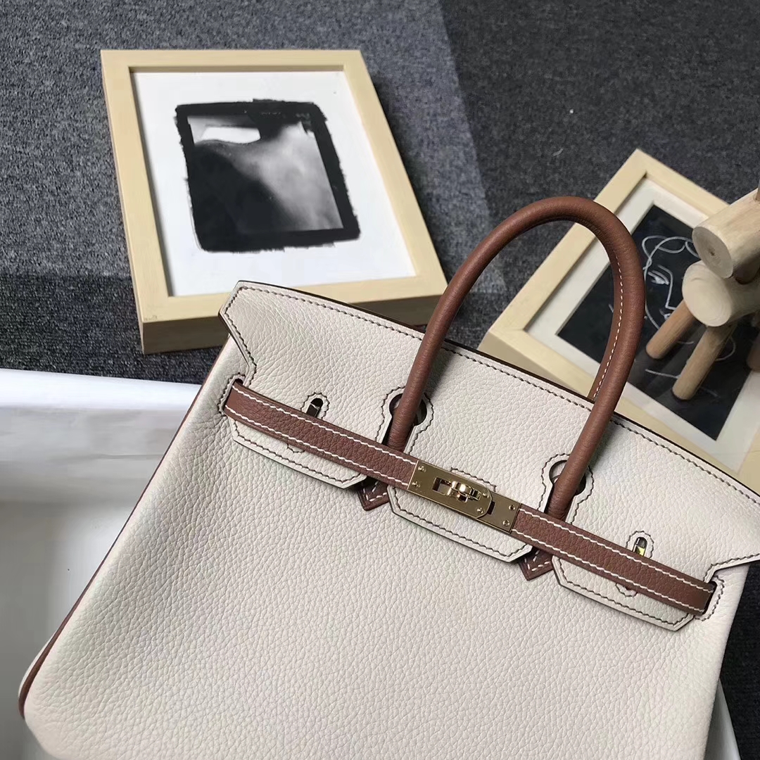 Hermès（爱马仕）奶昔白拼金棕色 原厂御用顶级小牛皮 Birkin 25 金扣